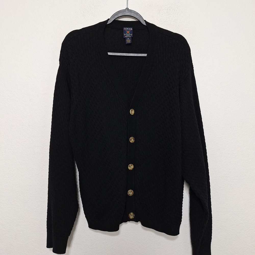 Focus Men's Golf Black Preppy Old Money Button Front Knit Cardigan Sweater- XL